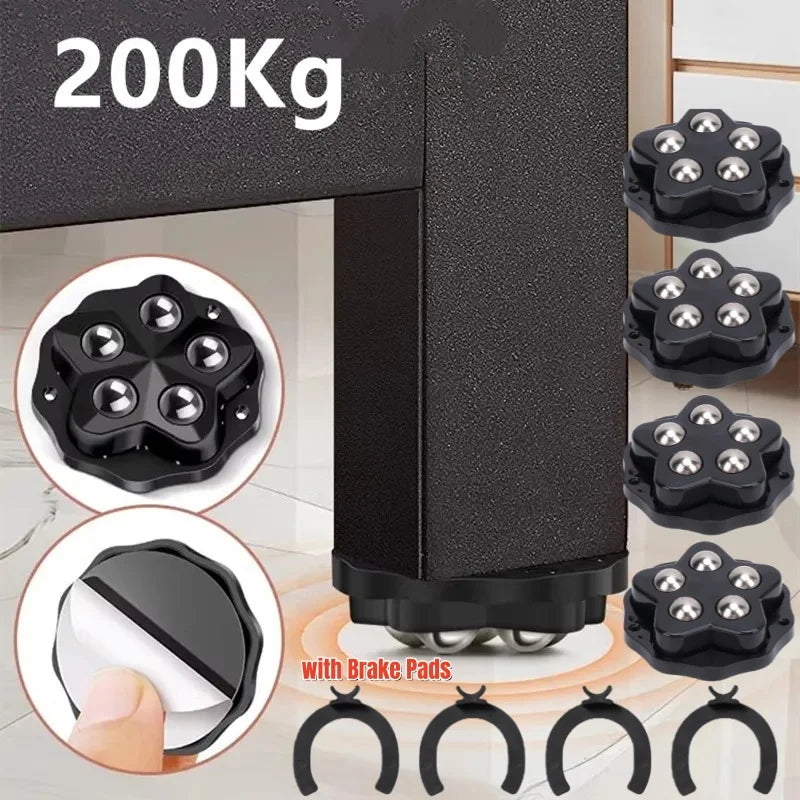 4Pcs Brake-operated Self Adhesive Caster,Heavy Duty 5 Beads Load-bearing,Universal 360° Rotating Wheel,No Noise Furniture Pulley
