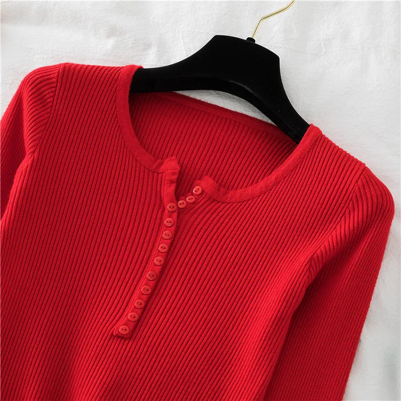 2026 Autumn Winter Button V Neck Sweater Women Basic Slim Pullover Women Sweaters And Pullovers Knit Jumper Soft Warm Tops