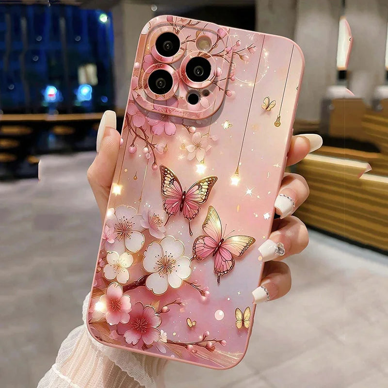 Butterfly & Floral Design Shockproof Phone Case for iPhone 7 8 16 15 16E XR XS X Plus 16 15 14 12 13 11 Pro Max SE2 Matte Cover