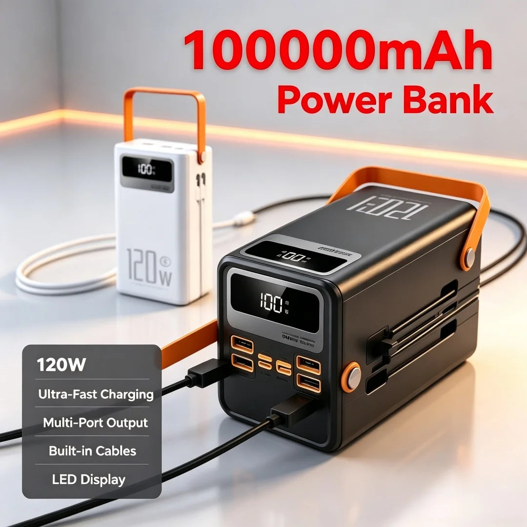 120W 30000-100000mAh Fast Charging Power Bank Large Capacity Outdoor Mobile Power Supply External Spare Battery For Camping