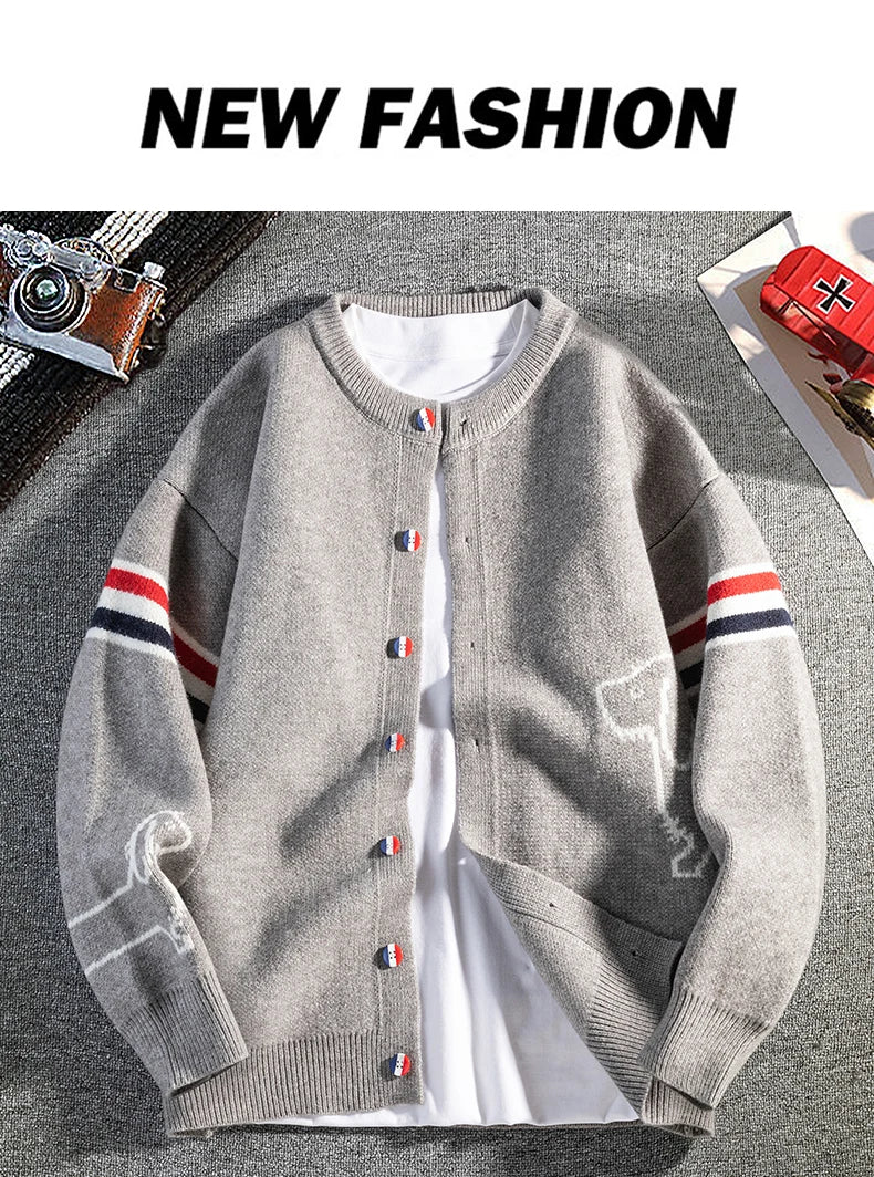 Couple Style Long-Sleeved Cardigan Knitwear Round Neck Button Striped Design High Quality Stamp Casual Fashion Keep Warm Coat