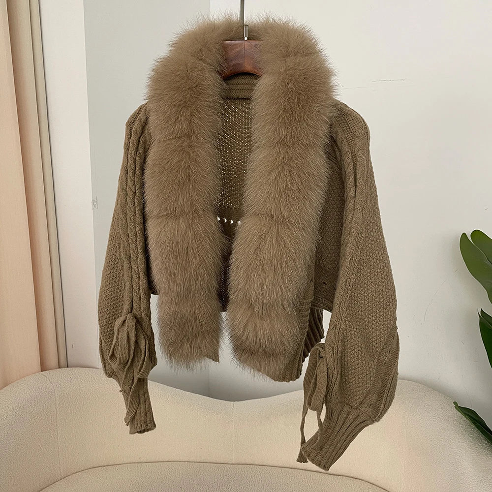 2024 Winter New Fashion Knitting Cardigan Placket Coat Women Casual Real Fox Fur Coat Short Warm Knitted Jacket with Natural Fur