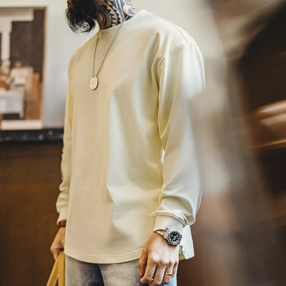 Maden Vintage Back-Printed Long-Sleeve T-Shirt Loose Casual Round-Neck Pullover for Men's Spring and Fall 60's Street-Style Tops