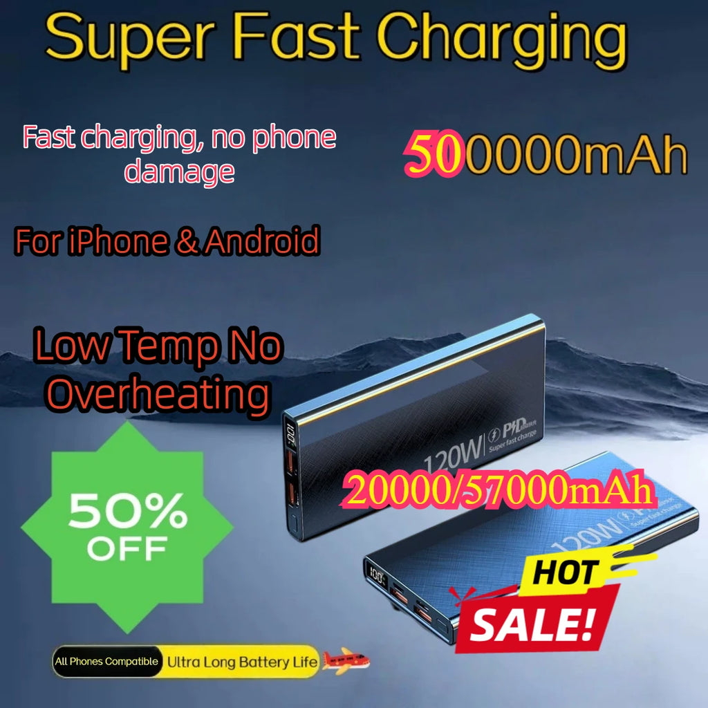 20W Super Fast Charging 500000mAh Power Bank Large Capacity PD Digital Display Portable External Battery 20000mAh 57000mAh