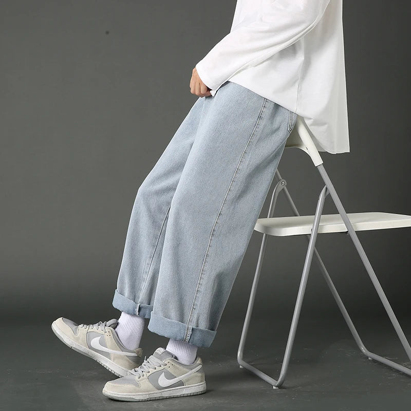 New Street Casual Baggy Jeans Men's Korean Fashion Hip Hop Straight Wide Leg  Trousers Couple Denim Pants Black Light Blue