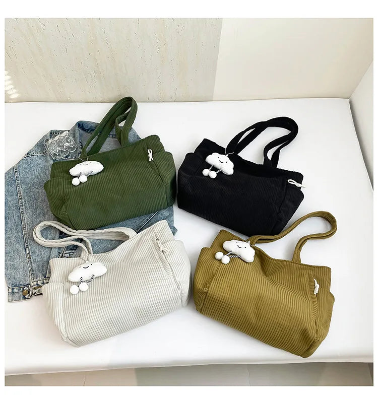 Corduroy Women Bag Fashionable Large Capacity Handbag Shoulder Bag Versatile Artistic Retro Student Class Bag with Zipper Pocket