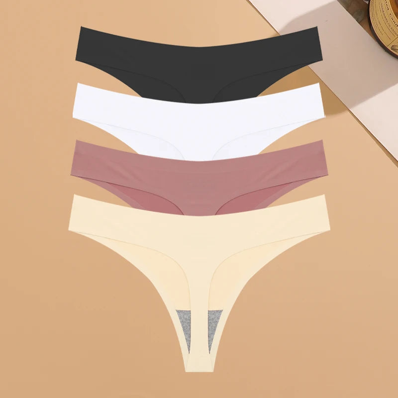 4PCS Ultra-thin Seamless Underwear Women's Invisible Panties Sexy Ice Silk Thongs Low Waist Breathable Bikini Stretchy Lingerie
