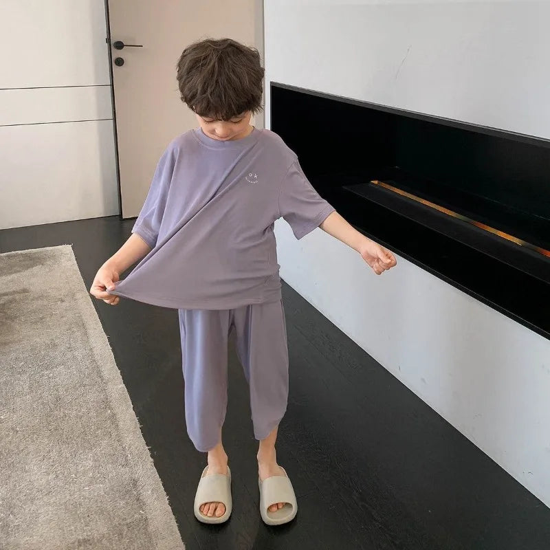 Summer Minimalist Boy Home Clothes Solid Color Loose and Comfortable Lightweight Sleepwear Casual Two-piece Set for Adults