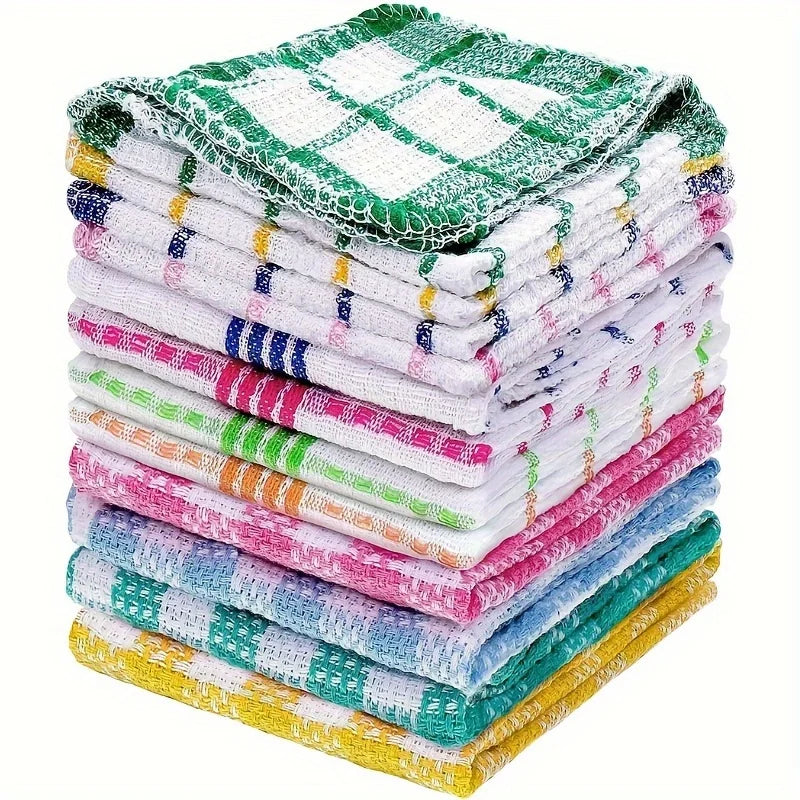 3/5/10/12pcs Plaid Kitchen Towels - Double-Sided Non-Shedding Dish Cloths for Household Cleaning Absorbent Dishwashing Cloth