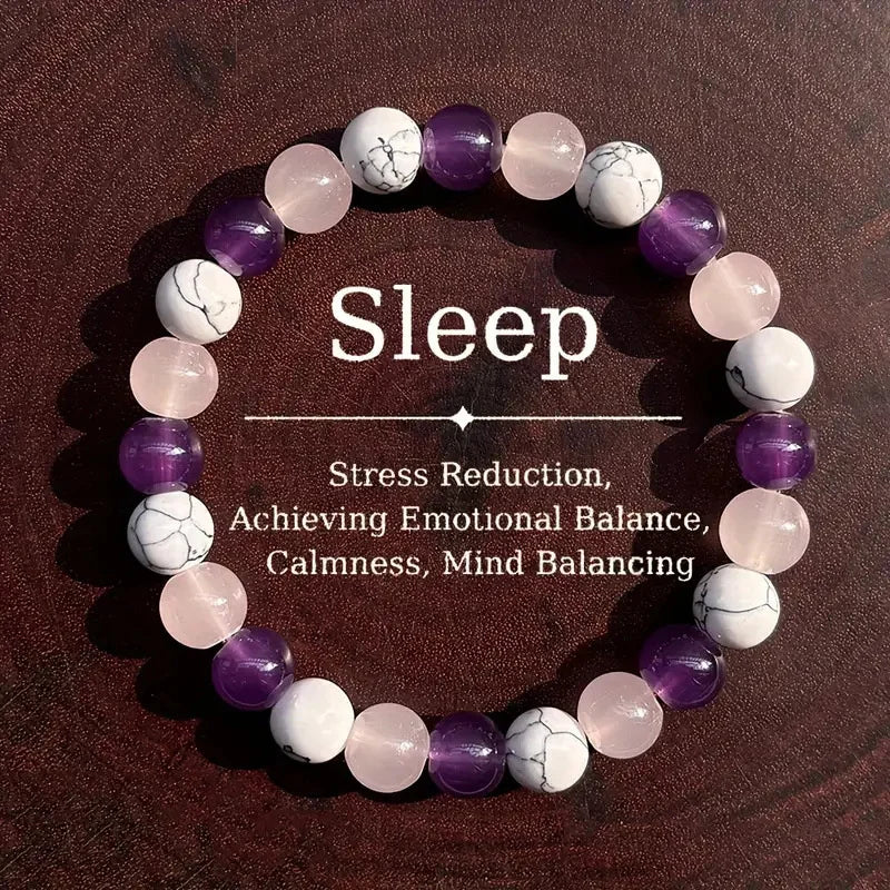 1pc Fashionable Aura Balancing Sleep Bracelet, 8mm Natural Stone Sleep Bracelet - White Turquoise - Amethyst - Rose Quartz