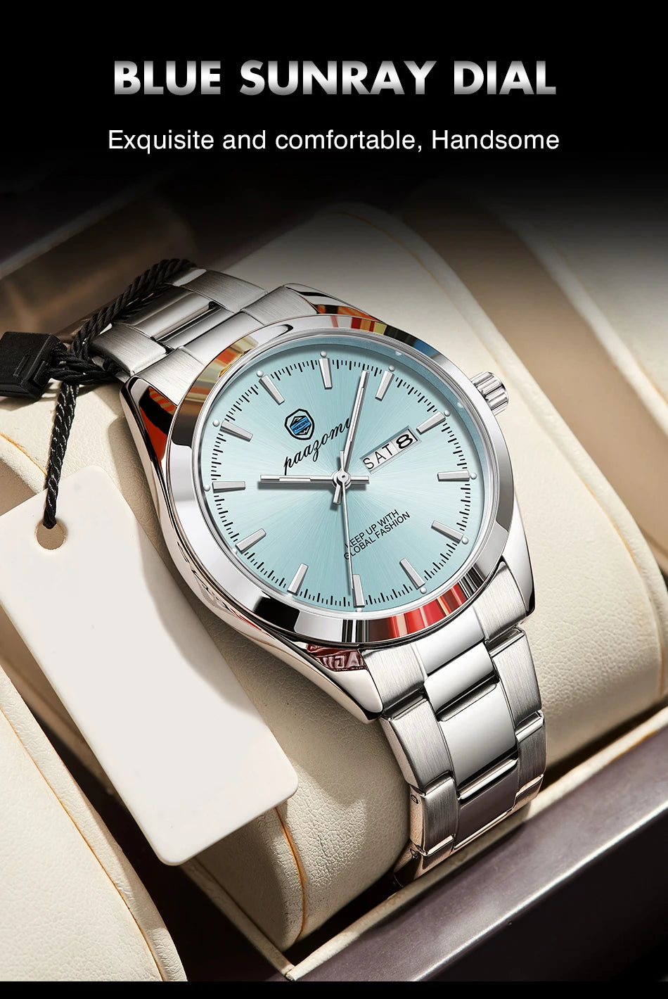 PAAZOMU Fashion Men's Quartz Watch Luminous Hands Date Week Stainless Steel Strap Waterproof Casual Wristwatch Quartz Men Watch
