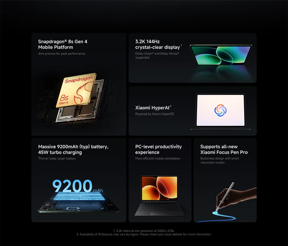 Xiaomi Pad 8 11.2-inch Global Version,Xiaomi HyperOS 3,Snapdragon®8s 4th Generation Chip,9200mAh Battery, 3.2K clear display