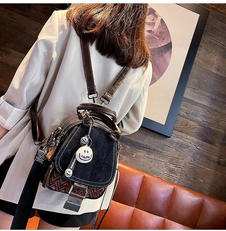 Denim Small Backpack  New Contrast Color Women Bag Retro Ethnic Style Embroidered Multifunctional Bagpack Crossbody Bolsa