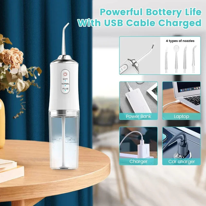 2026 Oral Irrigator Portable Dental Water Flosser USB Rechargeable Water Jet Floss Tooth Pick 4 Jet Tip 220ml 3 Modes