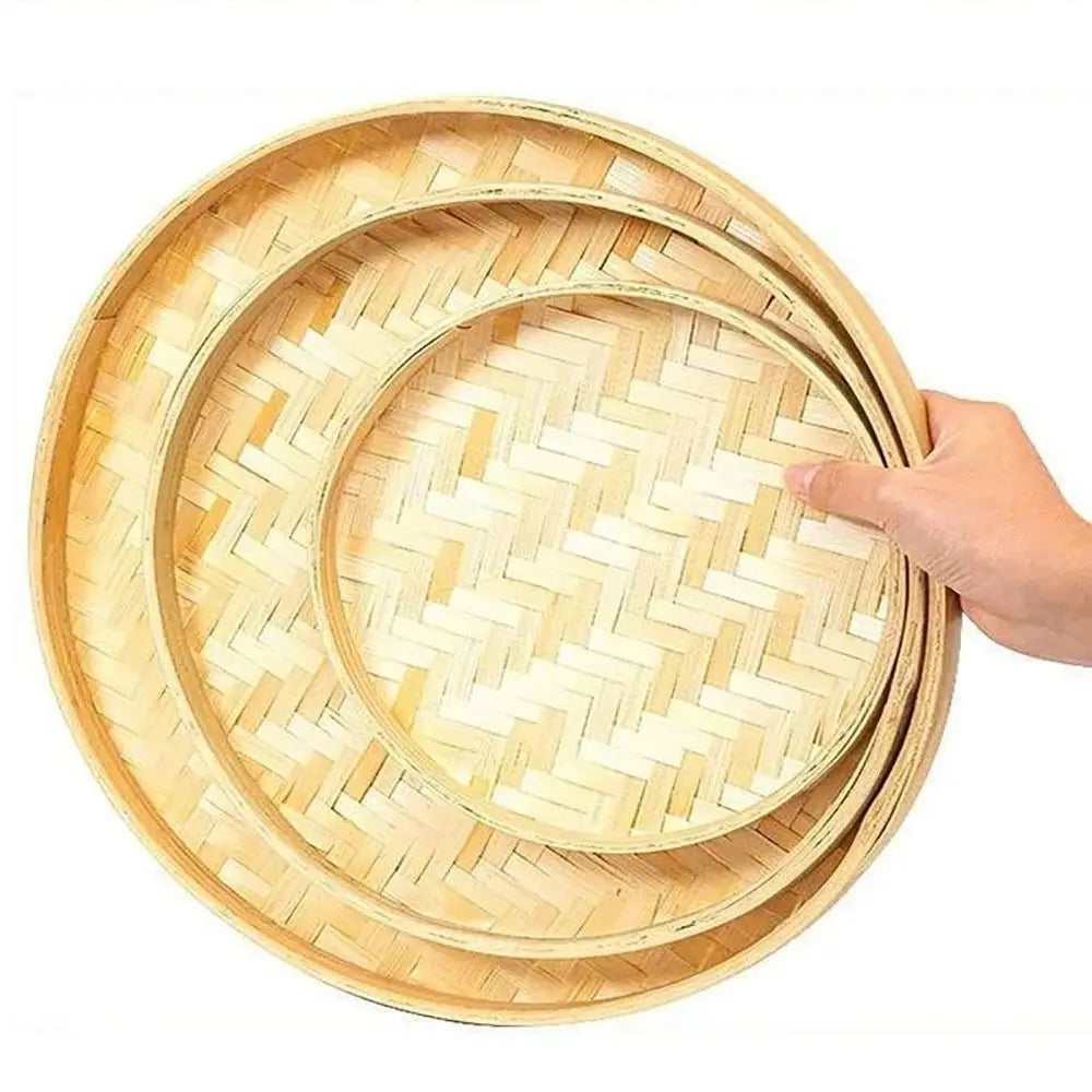 4 Size Hand-woven Bamboo Sieve Hand-painted Bamboo Raft Round Dustpan DIY Decorative Fruit Bread Basket Kitchen Storage Tray