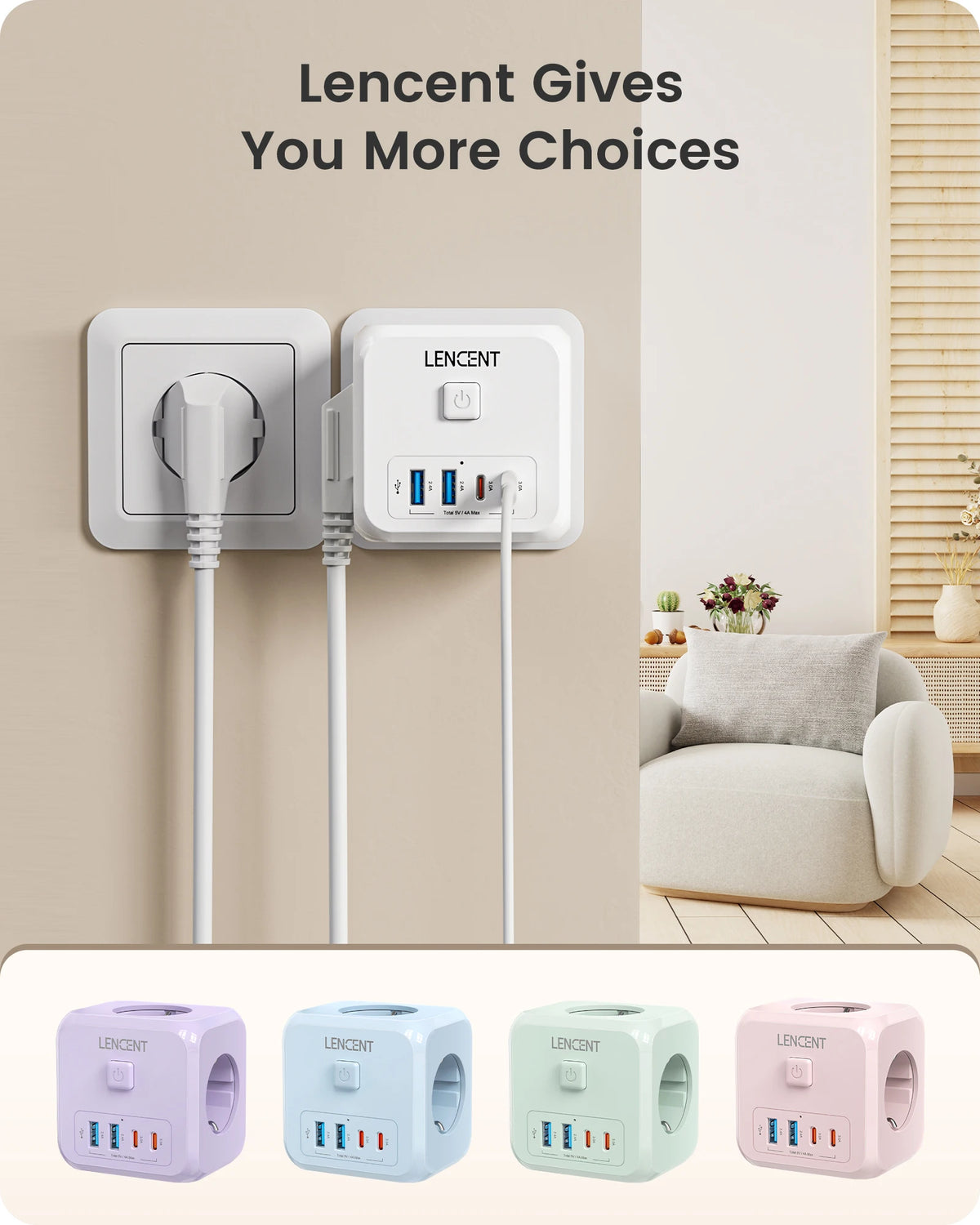 LENCENT 7-in-1 EU Plug Wall Socket Extender with 3AC Outlets+ 2 USB-A+2 USB-C Cube Socket On/Off Switch Adapter for Home
