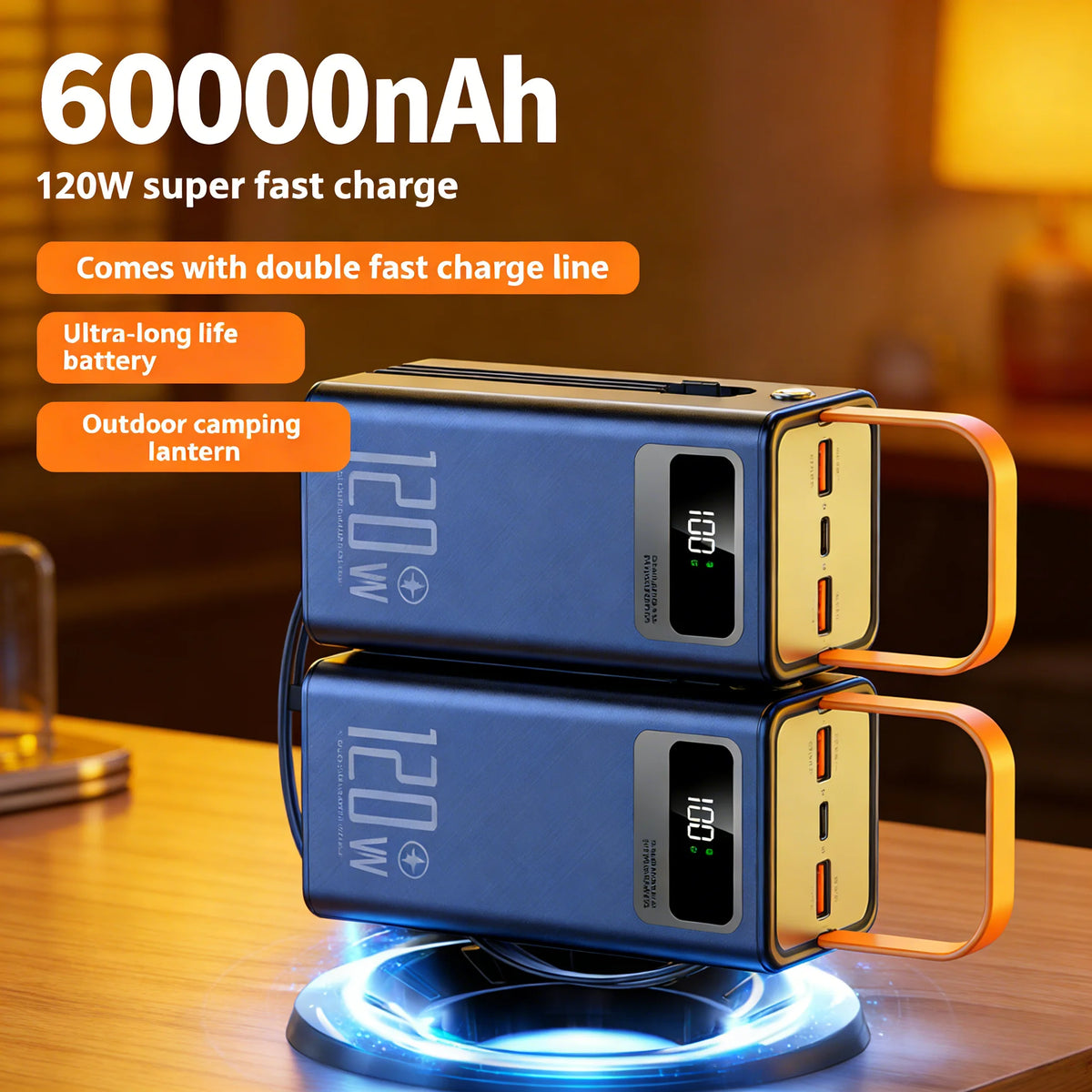High Capacity 30000mAh / 60000mAh Power Bank, 120W Quick Charge External Battery Pack with LED Light for Phone Laptop