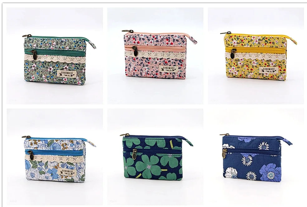 New Fashion Flower Multi-layer Cotton Fabric Coin Purse Women Card Wallet Small Change Bag Retro Canvas Female Hand Purses Pouch