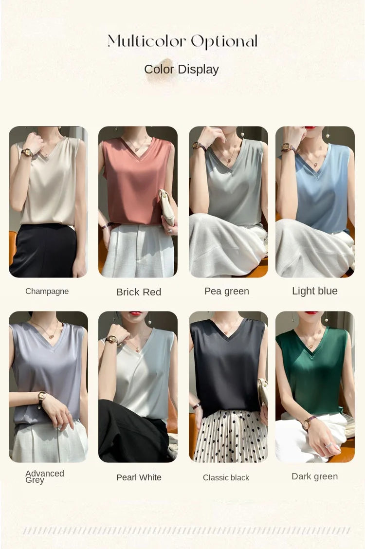 V-Neck Silk Vest Women's Summer Short Sleeved Top Acetate Satin Sleeveless Summer Shirt T-Shirt Loose Suspender Base YTM A39