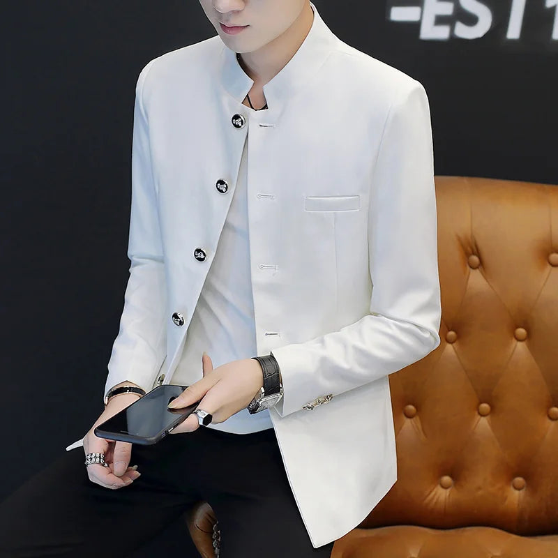 2024 Men's Slim Fit Long Sleeve Casual Suit Korean Trend Stand Collar Fashion Handsome Male Suit