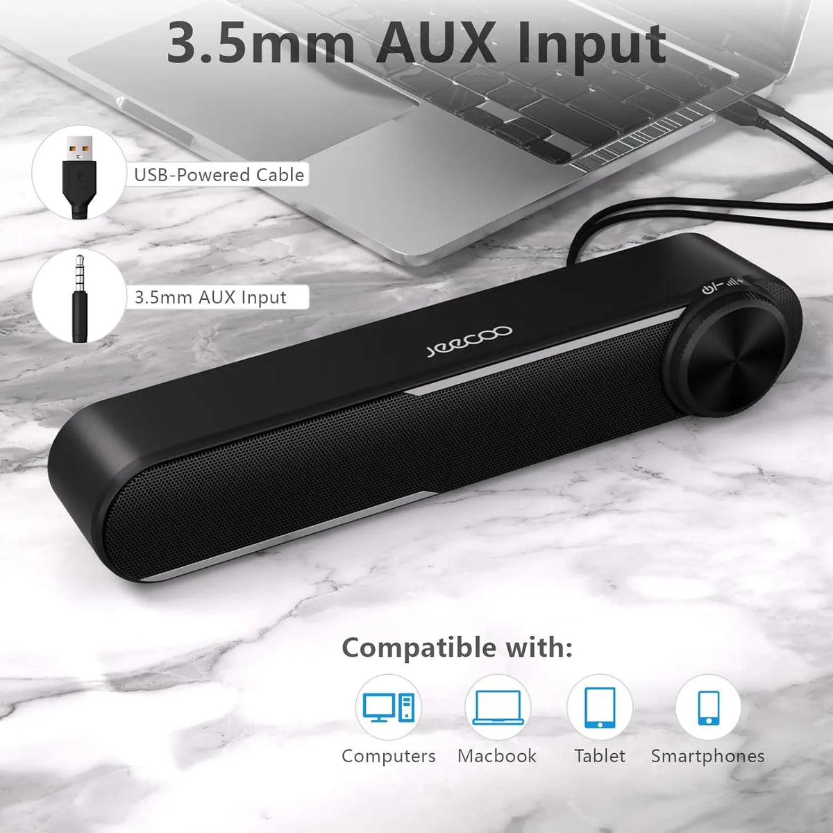 Jeecoo A30 Wired Computer Speakers PC Soundbar for Monitor USB-Powered w/3.5mm AUX,Big Volume Control - Laptop Tablet Compatible