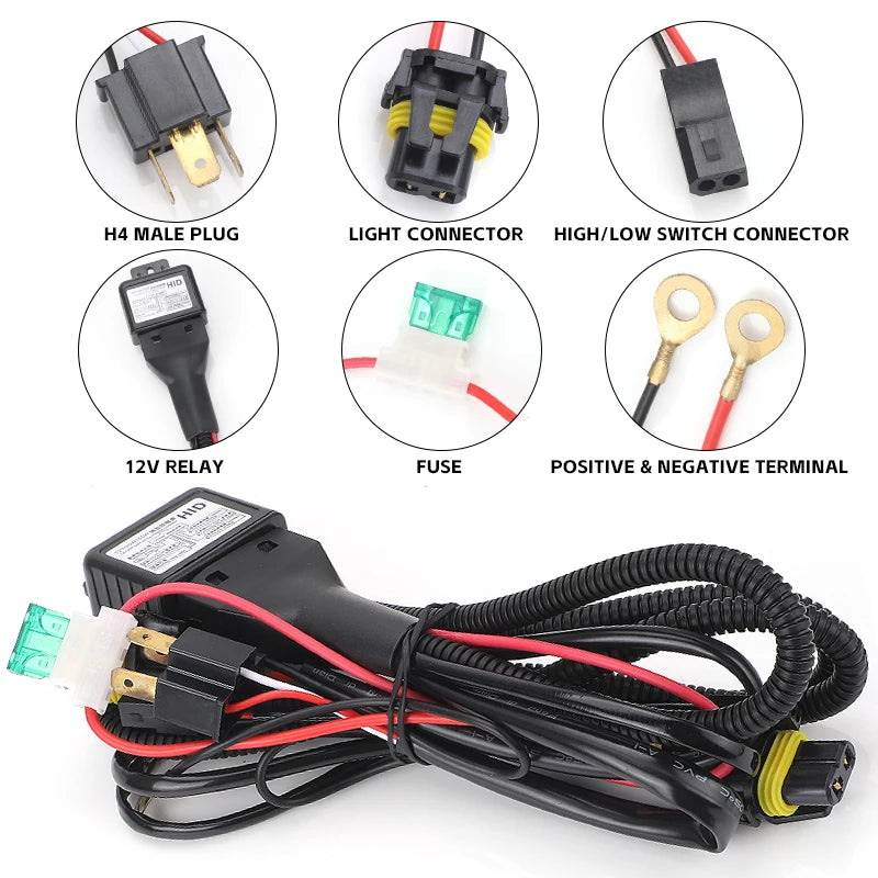 Car H4 HID LED Light Wiring Relay Harness Kits 12V High Low Beam 1 Lead 2 Lamp Wire LED Head Fog Light Bulb Cable Plug & Play