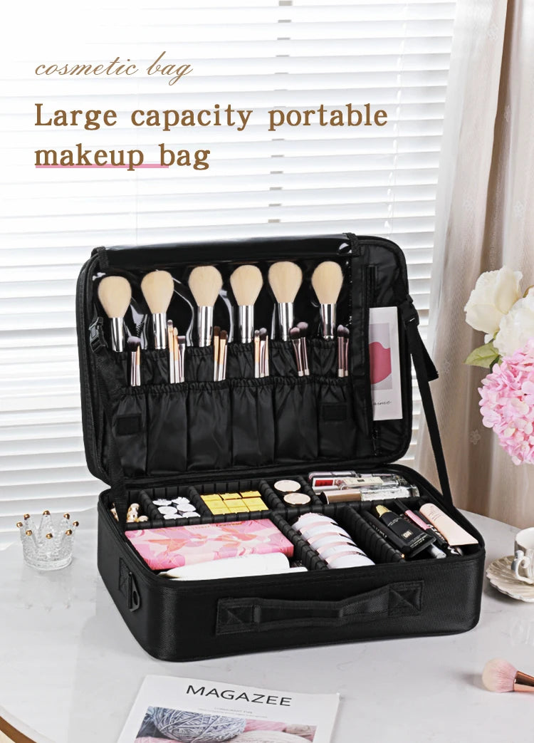 Travel Makeup Bag Makeup Train Cases Professional Lipstick Organizer with Shoulder Strap Adjustable Dividers for Cosmetics Makeu