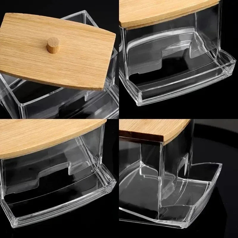 Square Bamboo Cover Double Head Cotton Swab Storage Box Cotton Buds Container Transparent Cotton Swab Toothpick Organize Box