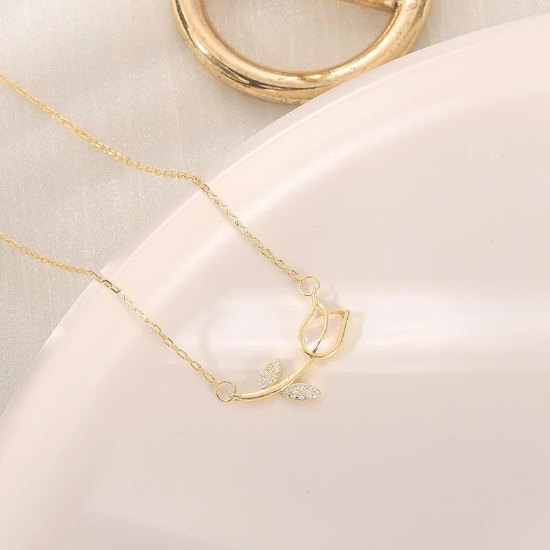 Stainless Steel Rose Tulip Crystal Necklace for women's wedding jewelry Cute Pendant chain women's party neck accessory Gift