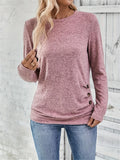 Button Decor Ruched T-Shirt, Casual Long Sleeve Top For Spring & Fall, Women's Clothing