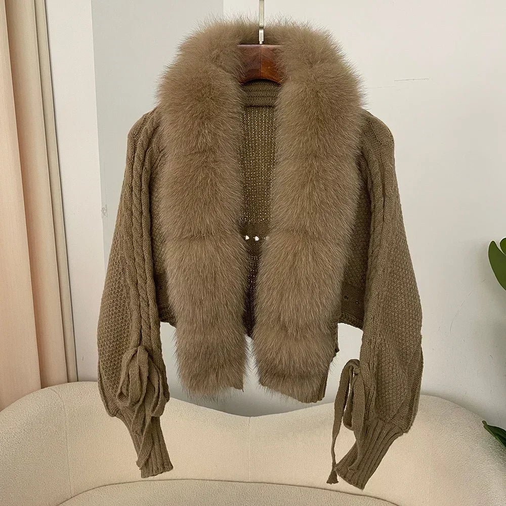 2024 Winter New Fashion Knitting Cardigan Placket Coat Women Casual Real Fox Fur Coat Short Warm Knitted Jacket with Natural Fur