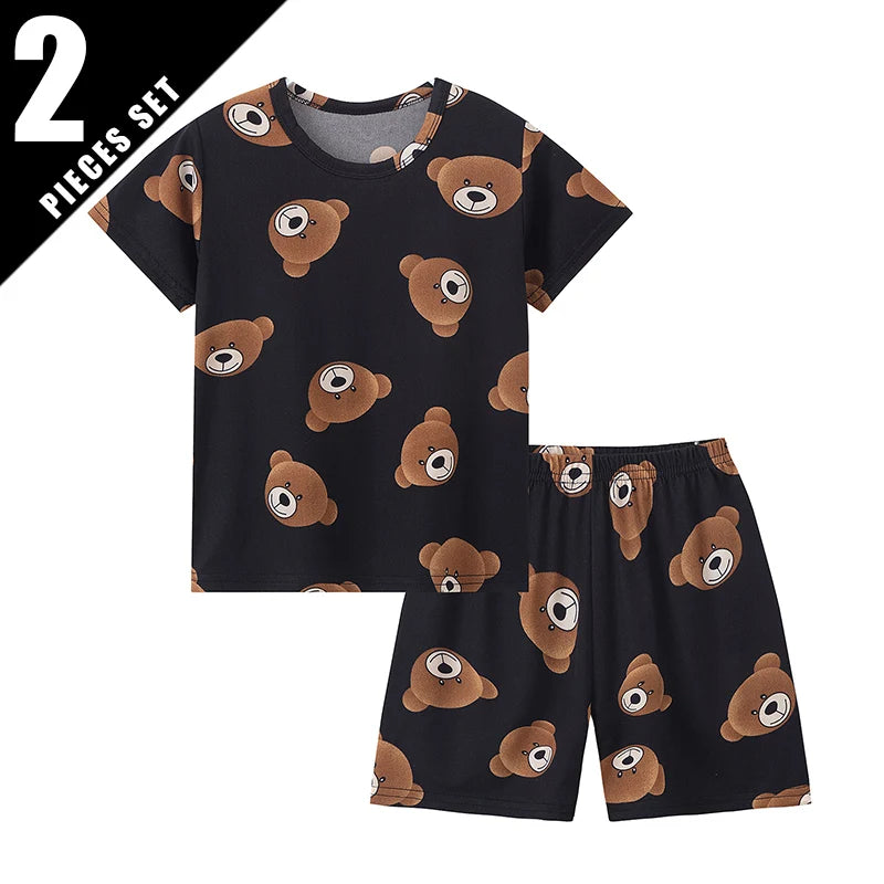 2-Piece Children's Cute Bear Print Fashion Suit Boy's Casual Fashion Round Neck Shirt Girl's Comfortable Wild Shorts Combination