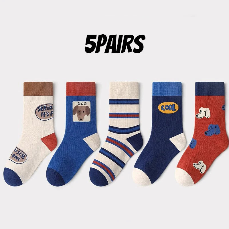 5 Pairs Children's Socks, Boys' Cartoon Cute Puppy Mid Length Socks , Students' , Autumn/ Winter Versatile Socks