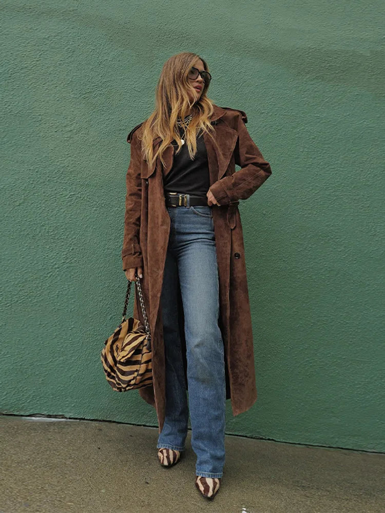 Women's Vintage Brown Suede Trench Coat Long Belted Overcoat Retro Windbreaker Fashion Female Date Commuter Streetwear Outerwear