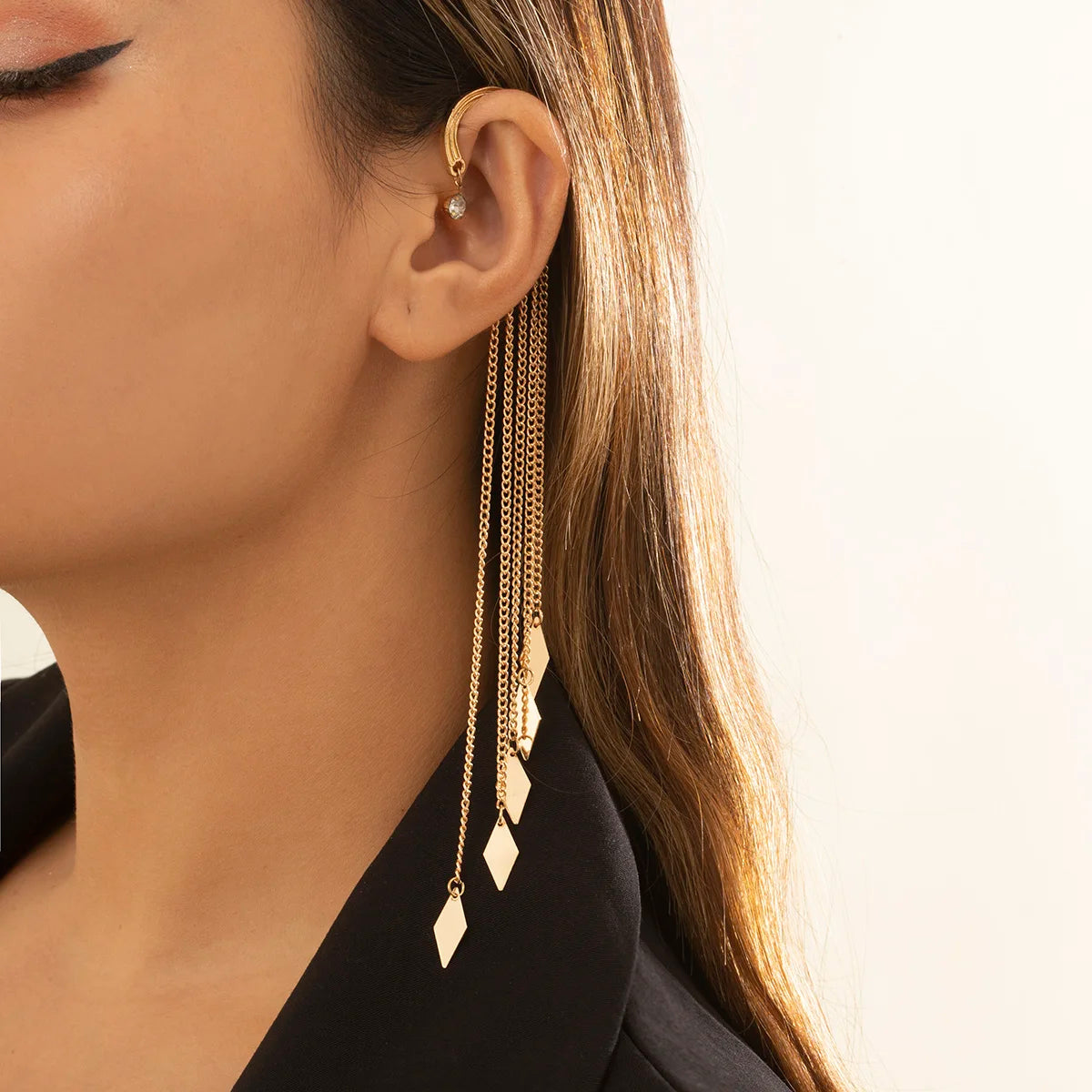 IngeSight.Z 1PC Imitation Pearl Sequins Long Tassel Earrings Kpop Arc Ear Hanging Fake Cartilage Clip Earrings Jewelry Accessory