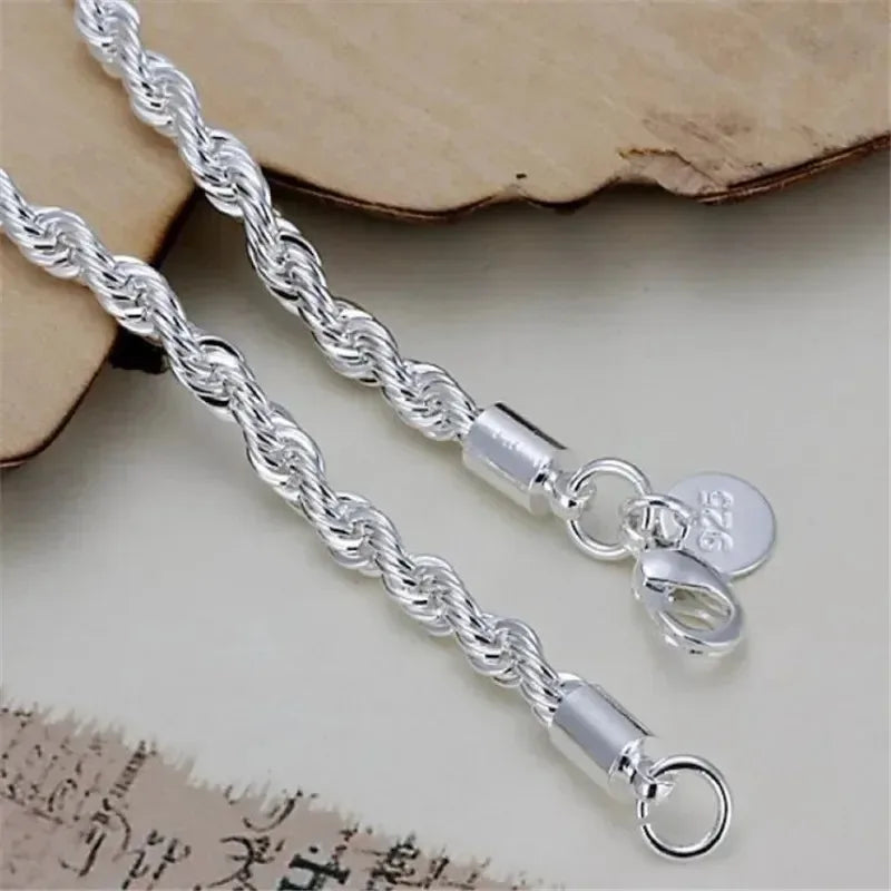 925 Sterling Silver 4MM Twisted Rope Bracelets For Women Men Fashion Minimalist Couple Chain Bracelet Male Unisex Jewelry Gifts