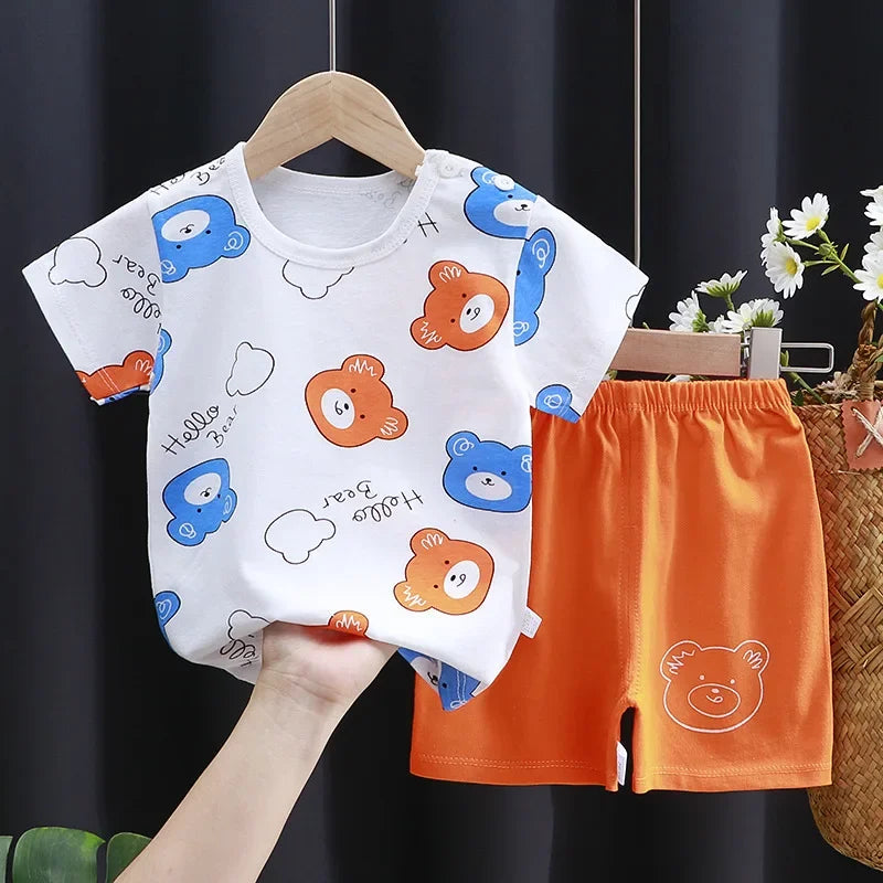 Cartoon Printed Clothing Pure Cotton Home Clothes 2 Piece Suits Toddler Fashion Cute Casual Tracksuits Contrast T-shirt+Shorts