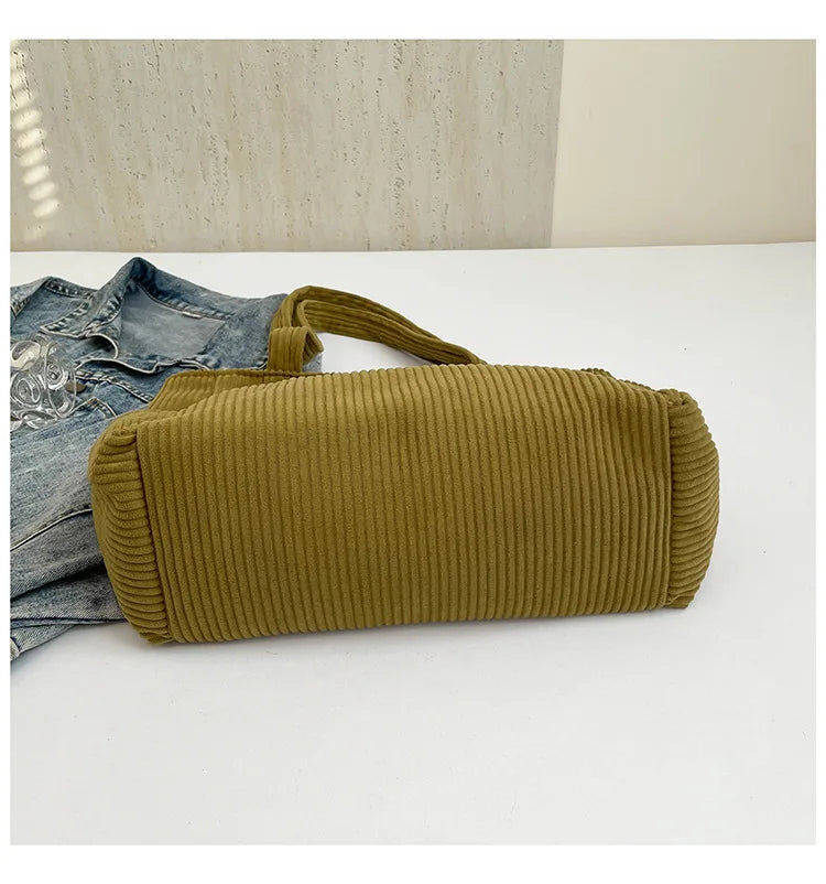 Corduroy Women Bag Fashionable Large Capacity Handbag Shoulder Bag Versatile Artistic Retro Student Class Bag with Zipper Pocket