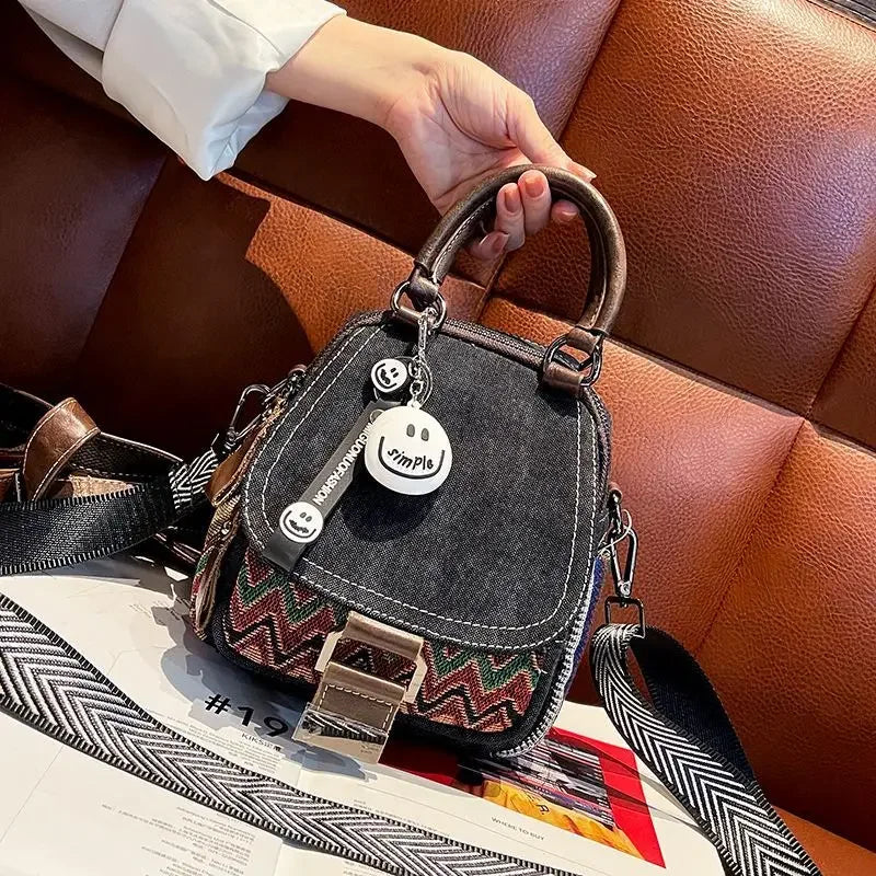 Denim Small Backpack  New Contrast Color Women Bag Retro Ethnic Style Embroidered Multifunctional Bagpack Crossbody Bolsa