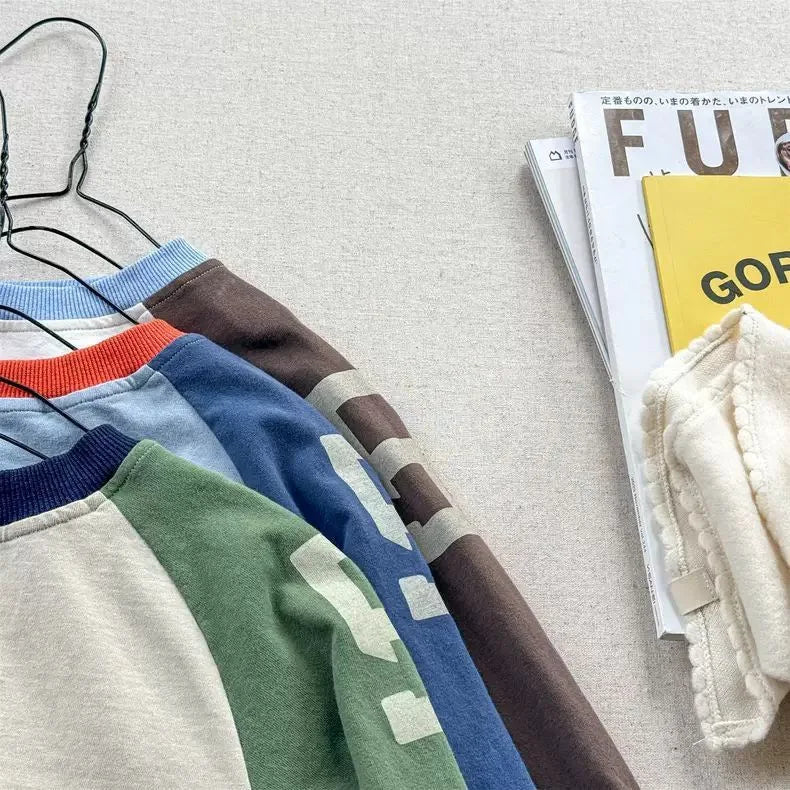RAISE Spring 2026 Kids Boys Long Sleeves Letter Printed Cotton Children Boys Pullovers Ins Raglan Sleeve Spliced Baby Boys Top