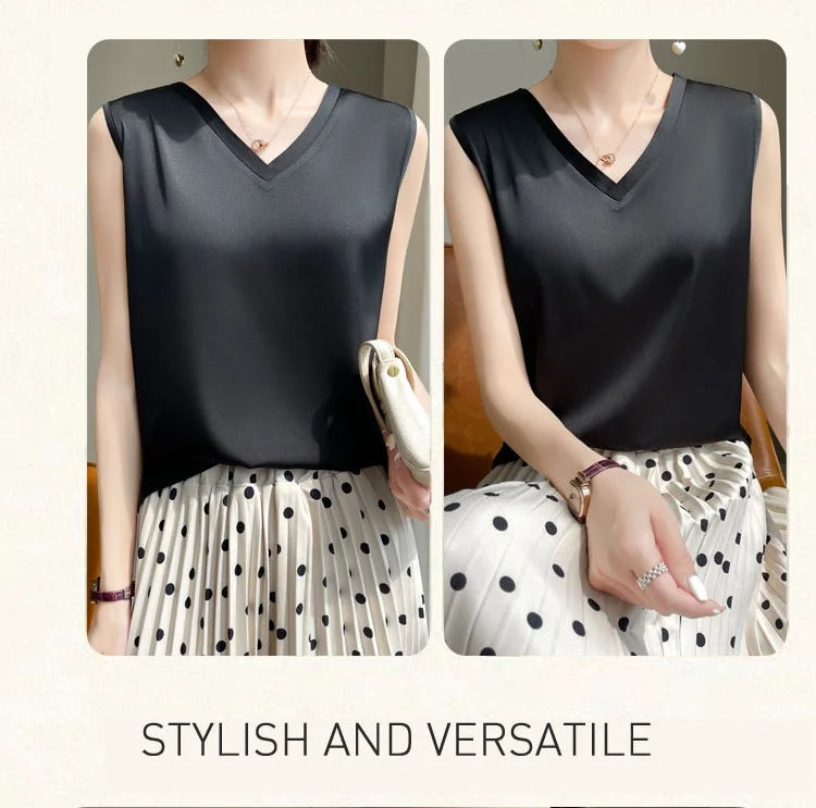 V-Neck Silk Vest Women's Summer Short Sleeved Top Acetate Satin Sleeveless Summer Shirt T-Shirt Loose Suspender Base YTM A39