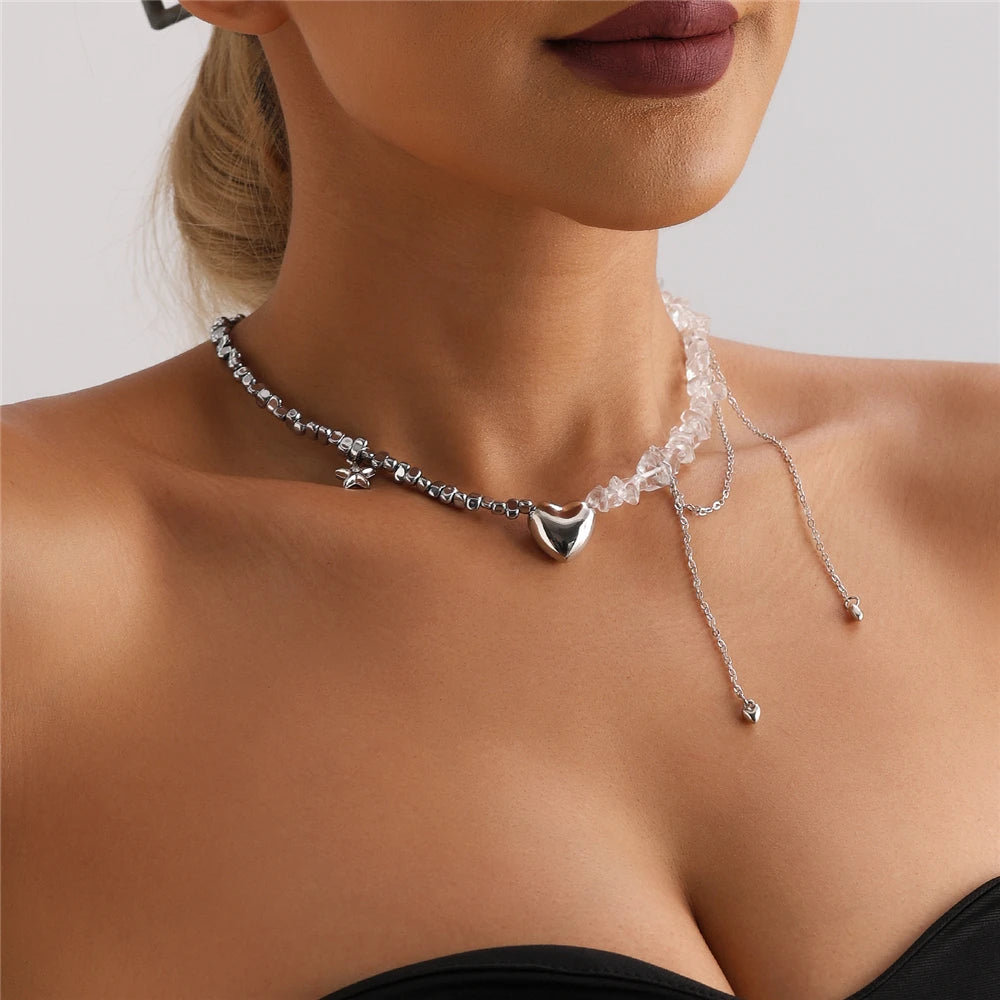 Trendy Irregular Crystal Beaded Necklace INS Style Elegant Starfish Tassel Necklace Luxury Heart Pendant Choker for Women