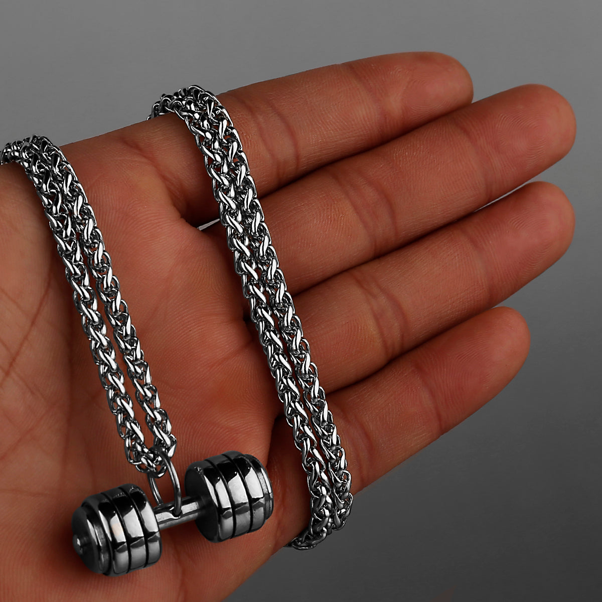 Men's Fitness Dumbbell Pendant Necklace Punk Hip Hop Silver Color Stainless Steel Necklace Jewelry Gift for Boyfriend