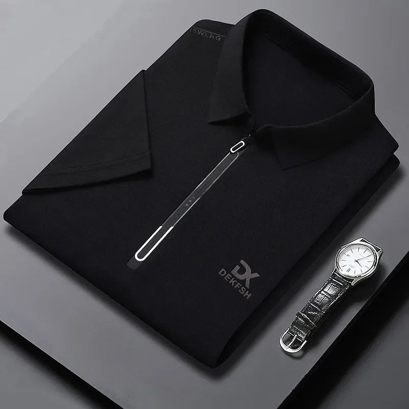 New Men's Business Casual Zipper Short Sleeve Solid Color Polo Shirt Fashionable Warm Comfortable Four Seasons Versatile Top