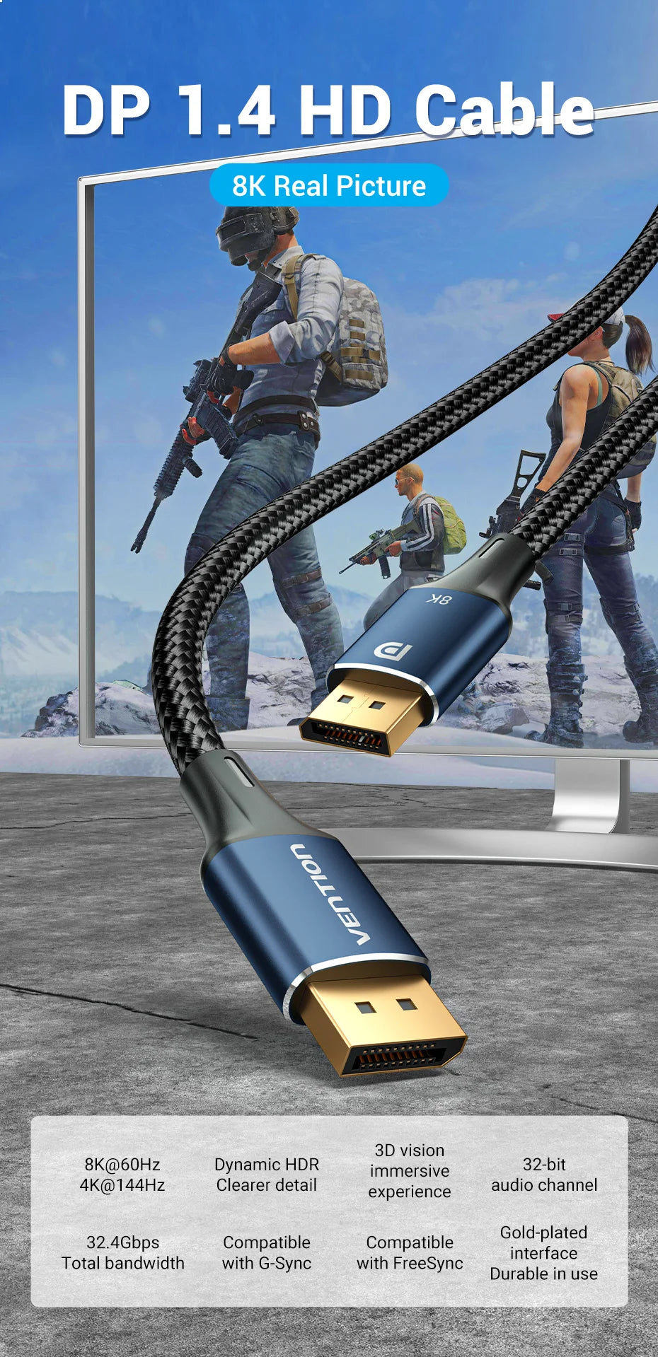 Vention DisplayPort 1.4 Cable 8K 60Hz 4K HDR 165Hz Display Port Audio Cable for Video PC Laptop TV Display Port 1.4 DP Cable 1.2