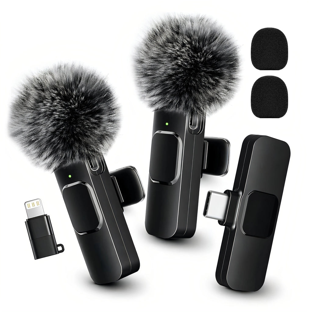 Wireless Lavalier Microphone with Furry Windscreen, Type-C&Lightning Adapter, Mini Clip Mic, Android, iPhone, Tablets, Laptops