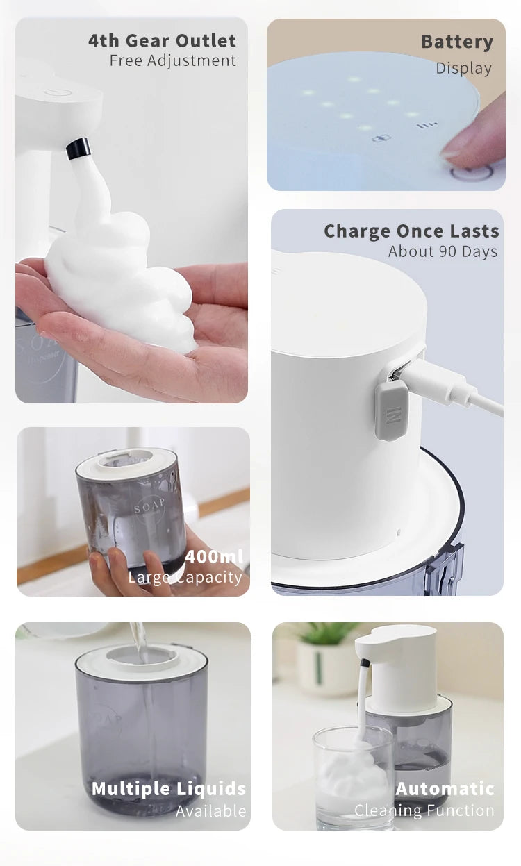 New Wall Mounted Automatic Soap Dispenser Foam Smart Hand Washing Machine 400ml Liquid Rechargeable Bathroom Induction Sensor