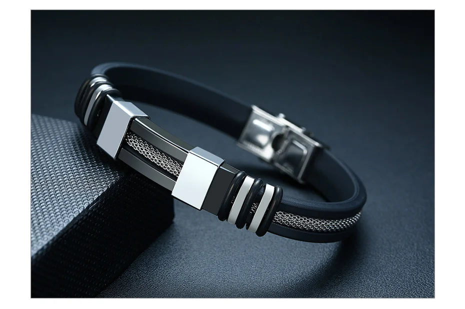 Vnox Stainless Steel Bracelet Men Wrist Band Black Grooved Rudder Silicone Mesh Link Insert Punk Wristband Stylish Casual Bangle