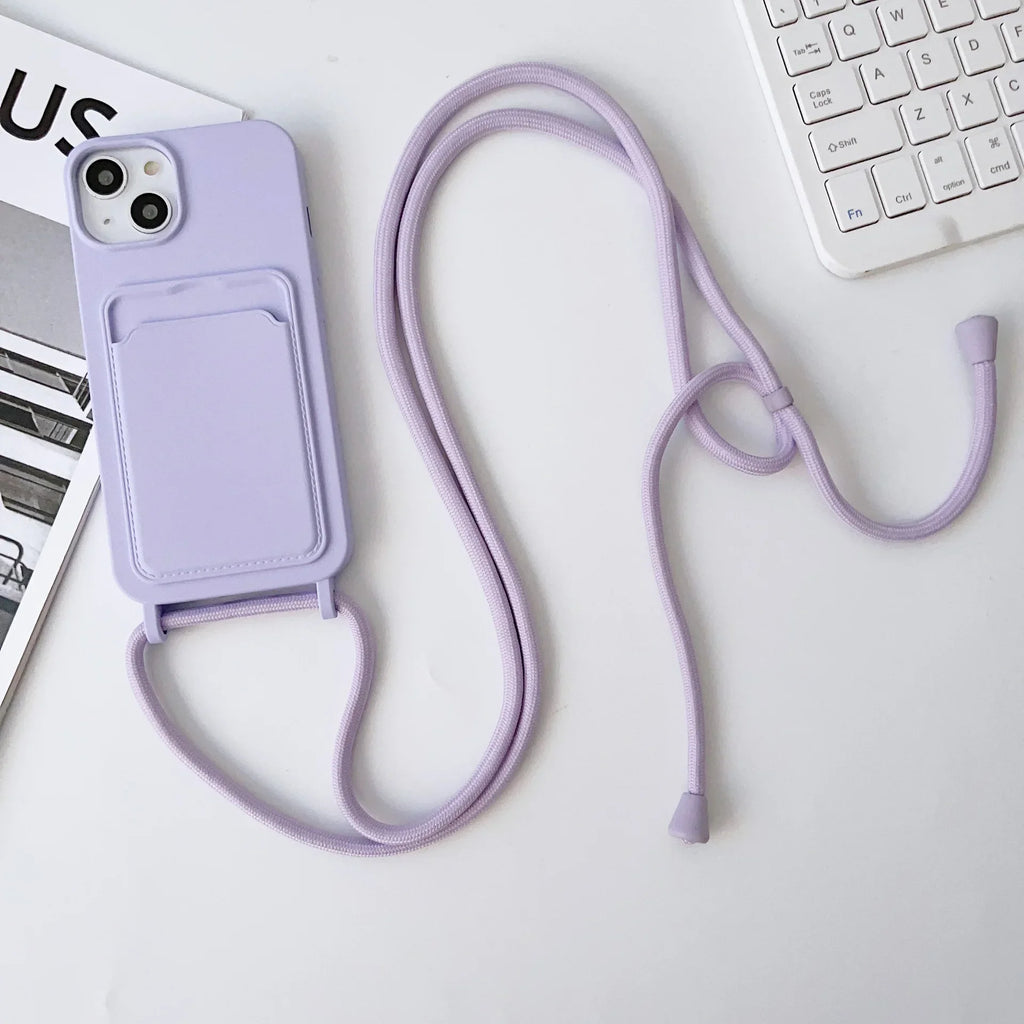 Crossboby Lanyard Rope Phone Case with Card Holder For iPhone 17 16 E 15 14 13 12 11 Pro Max Necklace Strap Soft Silicone Cover