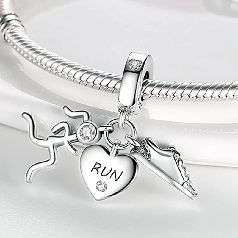 Original Inlaid Zircon Charm Beads 925 Silver Color Love Heart Snake Dangle Bead Fit Bangle Bracelet Pendant Jewelry Fine Gift
